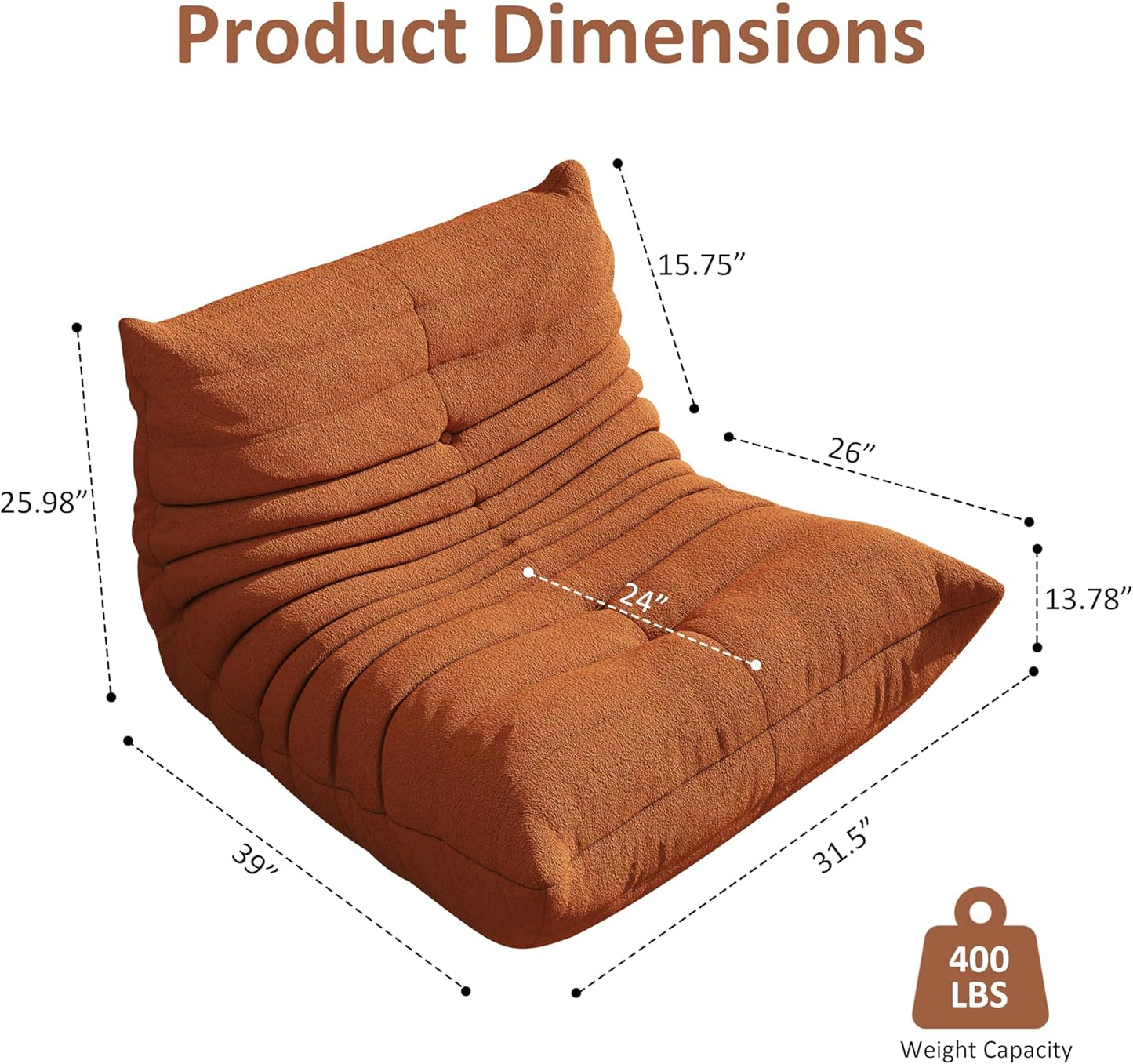 Bean Bag Chair, Oversized Bean Bag Chair for Living Room, Fireside Chair for Adults with Memory Foam Filled, Big Accent Sofa Lounge Floor Sofa for Gaming, Reading, Relax, No Assembly Required(Orange)