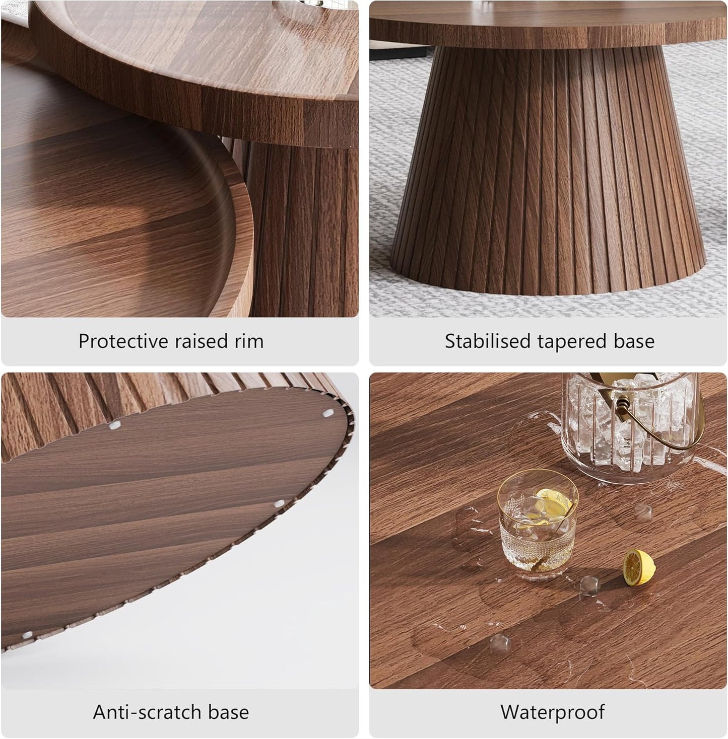 win2win Nesting Coffee Table Set of 2, Mid Century Modern Coffee Table with Wood Grain Veneer, Fluted Round Tea Table and End Table Set, Minimalist Center Tables for Living Room, Office, Walnut