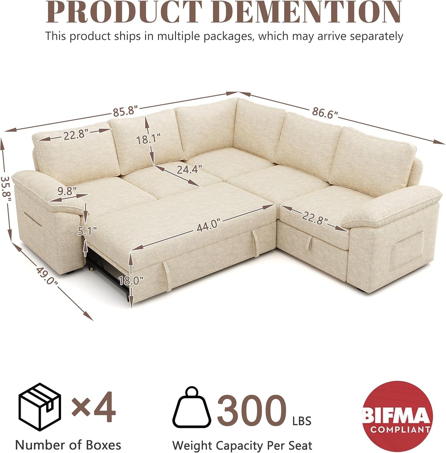 85 Inch Sectional Sleeper Sofa with Pull Out Bed,L Shaped 5 Seat Modular Sectional Sofa with Storage,Sectional Couches for Living Room,Cloud Modular Couch,Removable Sofa Cover,Beige