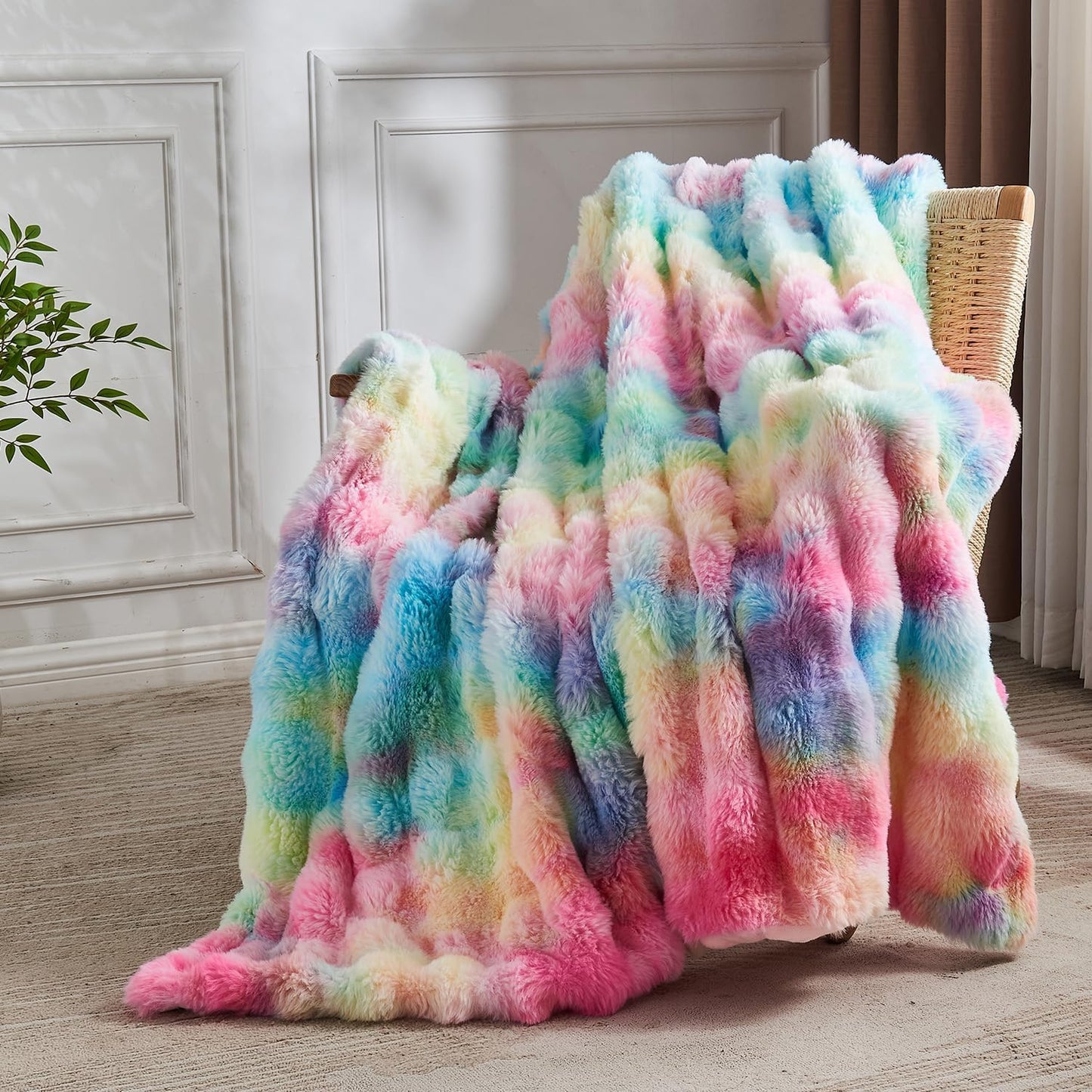 Lotus Karen Faux Fur Blanket Rainbow Twin Size - Big Bubble Rabbit Fluff Blanket for Couch, Small Fluffy Fuzzy Cozy Blanket, Thick Furry Plush Shaggy Blankets, 60x80 Inches