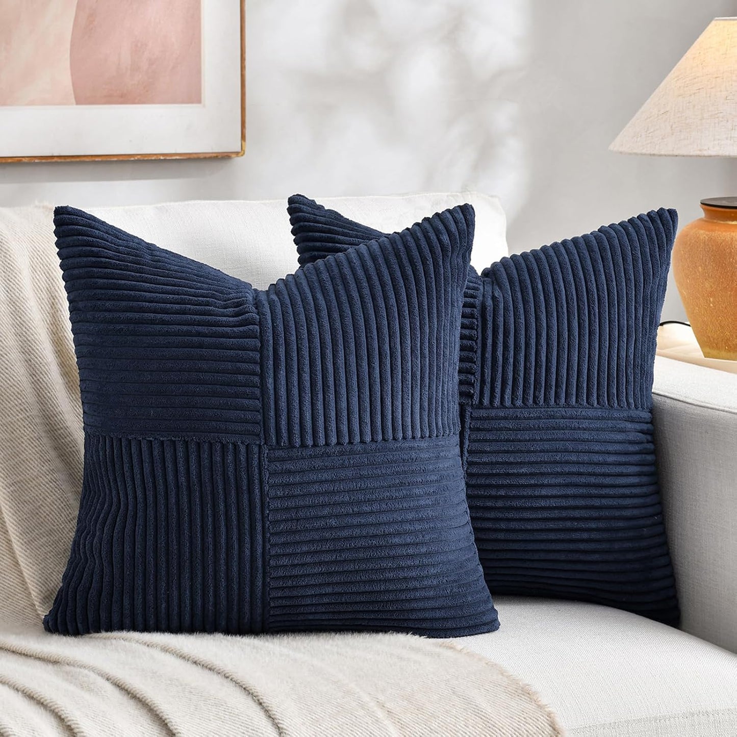 Fancy Homi 2 Packs Navy Blue Decorative Throw Pillow Covers 22x22 Inch for Living Room Couch Bed Sofa, Rustic Farmhouse Boho Home Decor, Soft Corss Corduroy Patchwork Accent Cushion Case 55x55 cm