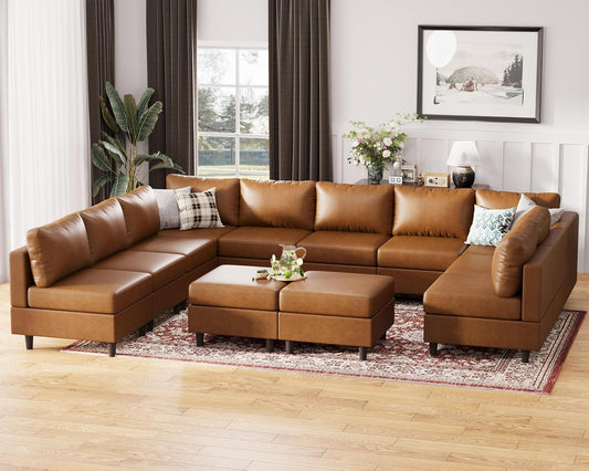 Oversized 145.5" Faux Leather Modular Sectional Sofa, Modern Large 12 Seater U Shaped Couch with Storage Seat with Reversible Chaise Deep Seat for Living Room DIY Combination - Brown