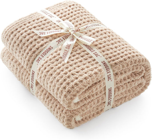 Snuggle Sac Waffle Throw Blanket for Couch Bed Sofa 50x60 inches, Reversible Beige Blanket Microfiber Fluffy Fuzzy Cozy Knit Soft Throws for Women Mothers Birthday Gifts