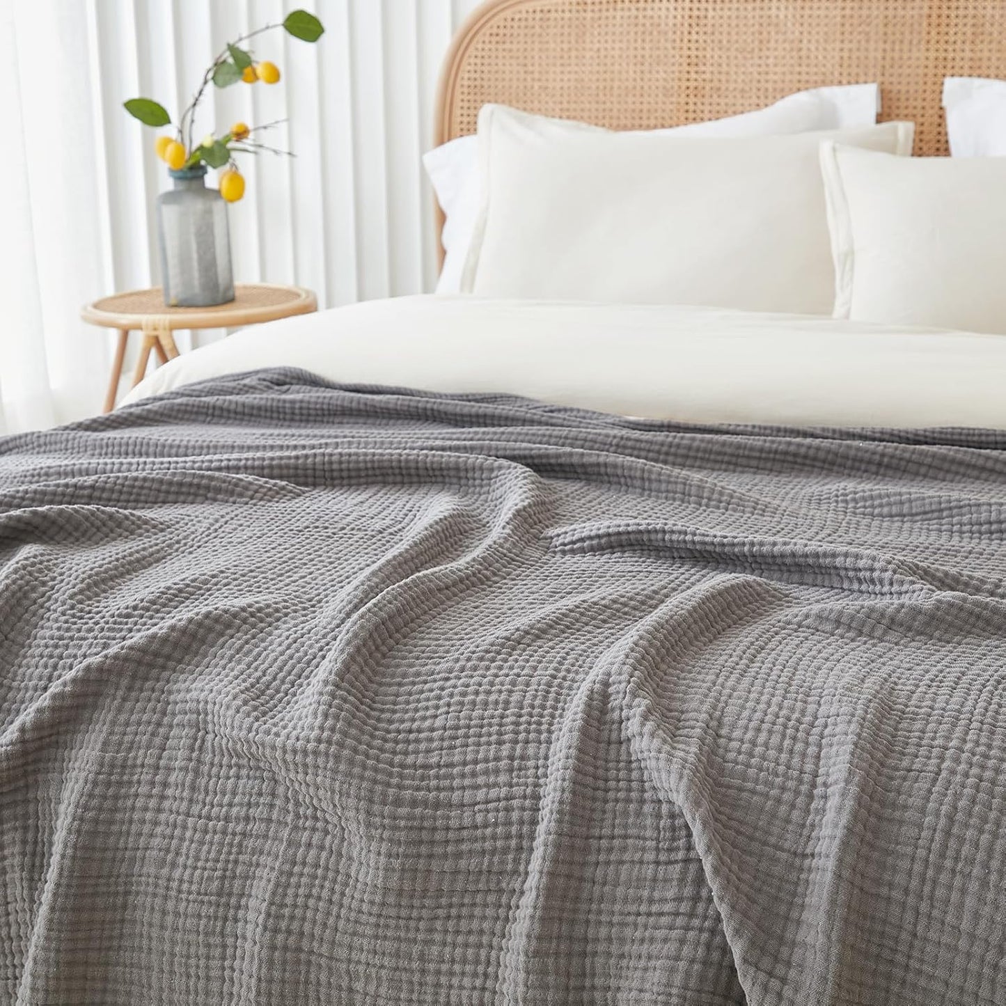 EMME Cotton Blanket Twin XL for Bed Soft Muslin Blankets 66"x90" Lightweight Breathable Layering Bedspread Coverlet All Season Gauze, Grey