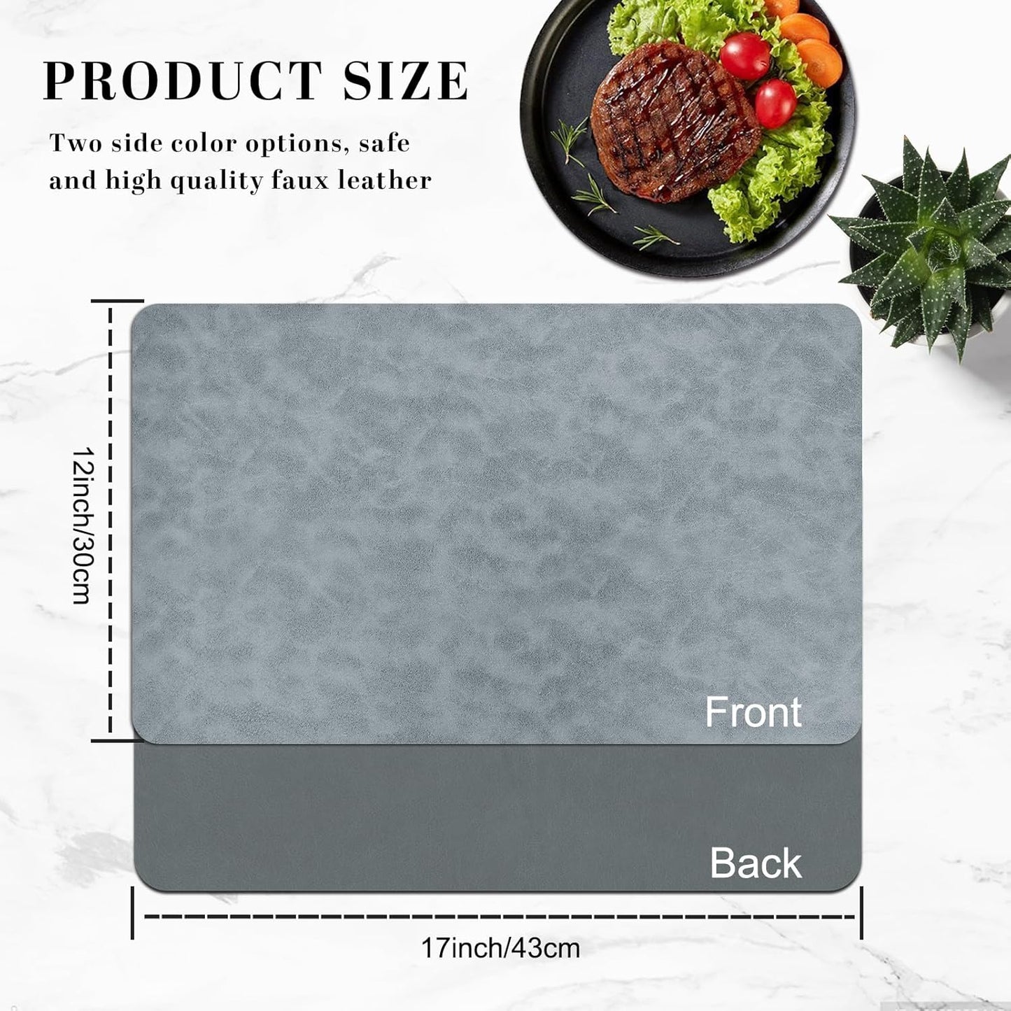 BLESWIN Faux Leather Placemats, PU Dining Table, Waterproof and Oil Resistant Easy to Clean, Heat Resistant Reversible Use Table Mats for Kitchen, Dining Table, Outdoor – 12 × 17 Inch, Grey&Dark Grey