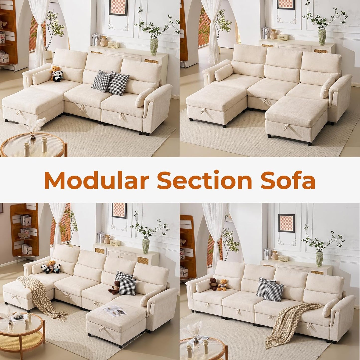 103''U Shaped Modular Sectional Sofa, Comfy Cloud Sectional Couch with Storage Ottoman, Chenille Deep Seat Modern Modular Sofa with 2 Throw Pillows for Living Room,Beige
