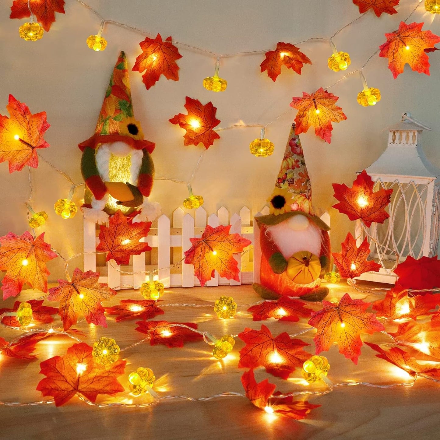 2 Pack & Timer - Fall Garland with Pumpkin Lights Halloween Fall Decor for Home 60LED 20Ft Enlarged Maples Leaves Halloween Garland Lights Indoor Battery Operated Thanksgiving Decor Wedding Christmas