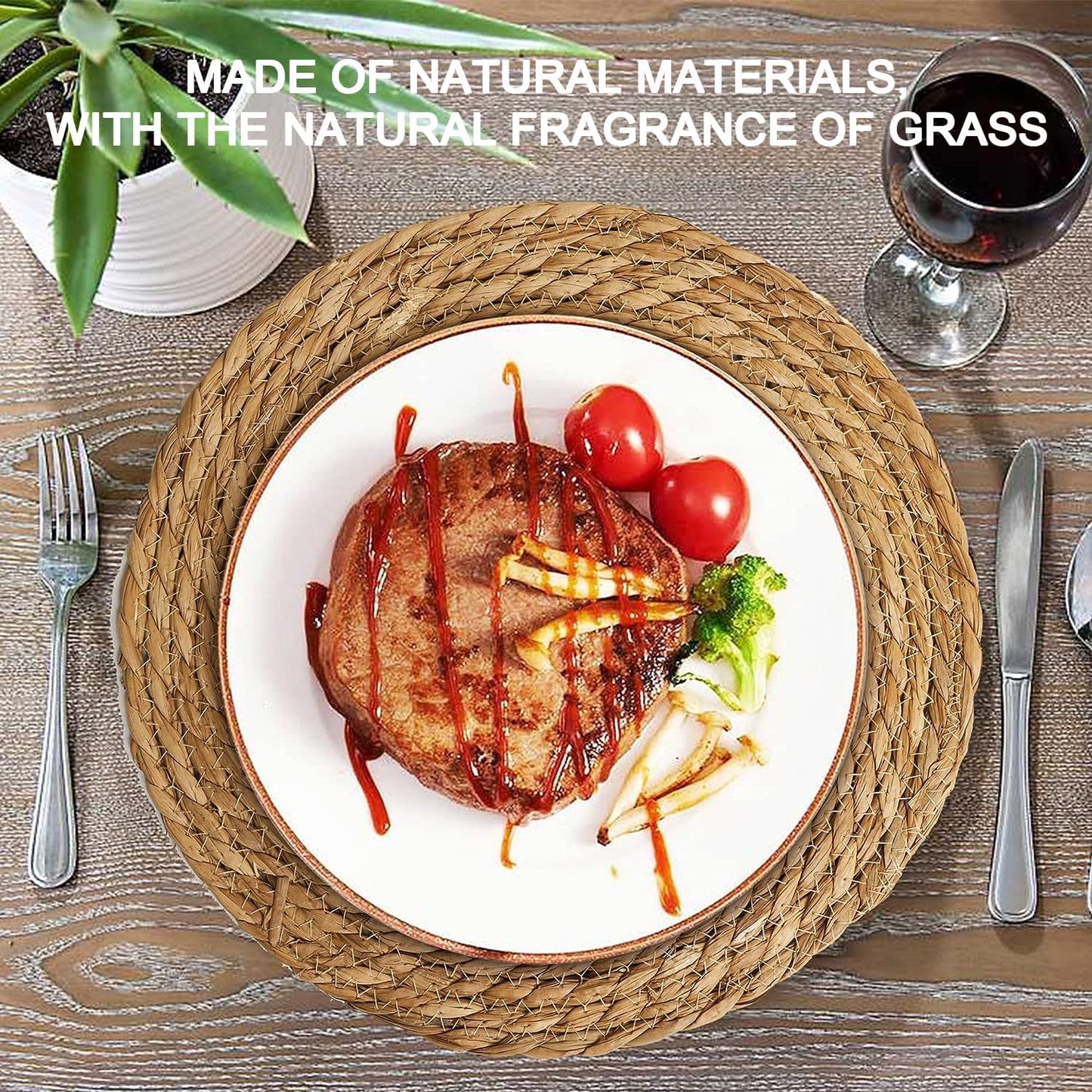 Defined Deco Woven Placemats Set of 10, 13" Round Rattan Placemats,Natural Hand-Woven Water Hyacinth, Farmhouse Weave Place Mats, Rustic Braided Wicker Table Mats for Dining Table, Home, Wedding