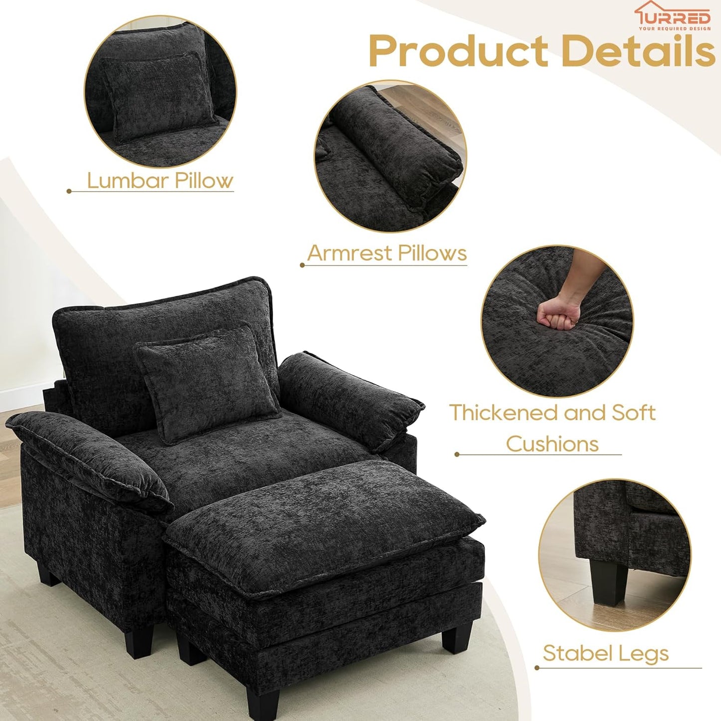 URRED Modular Sectional Sofa Comfy Cloud Couch, Modern Chenille Sofa Sleeper Deep Seat Couches with Ottoman/Pillows for Living Room (Black, 53''- Ottoman)