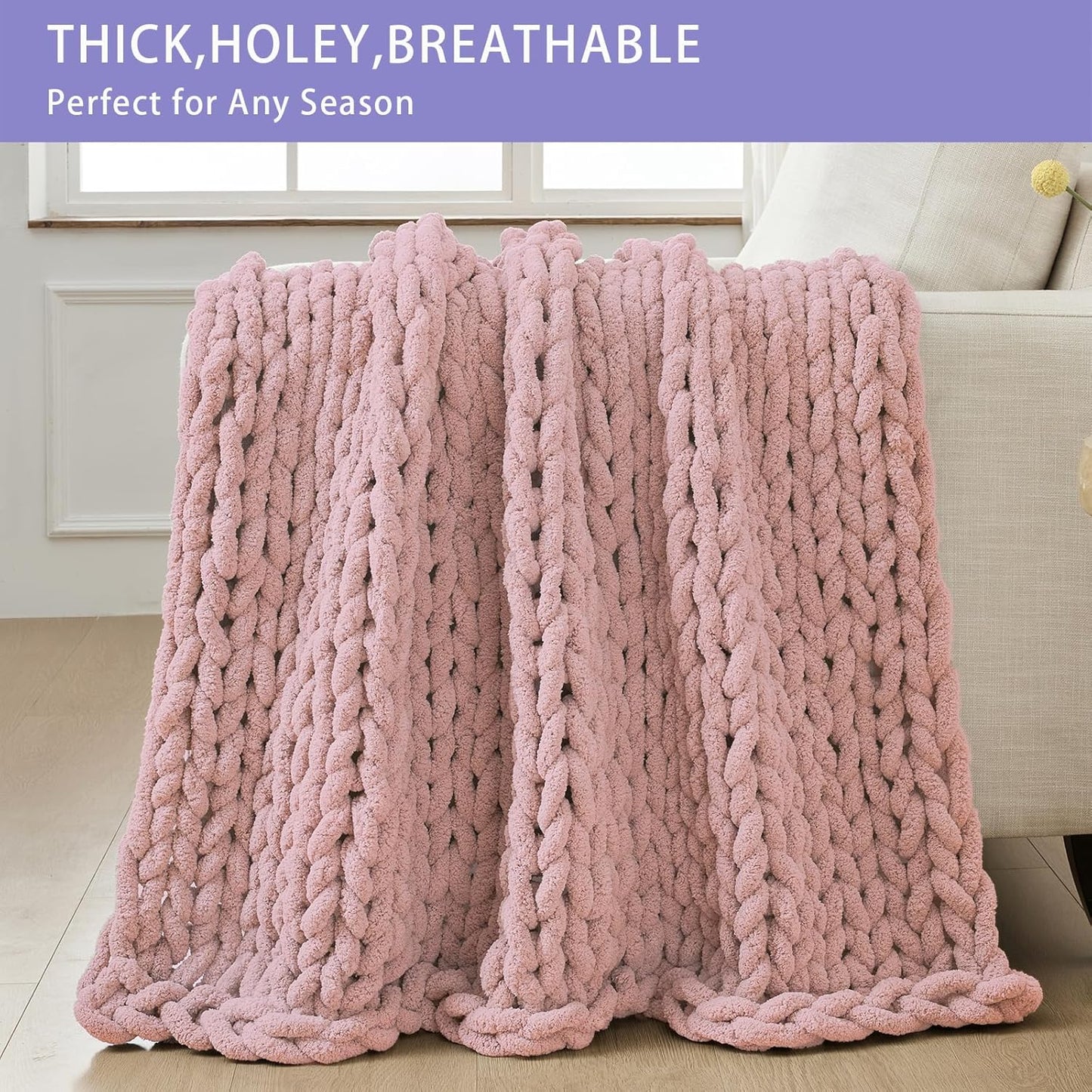 Bigacogo Chunky Knit Throw Blanket for Couch, 51x63 inches, 100% Hand Knitted with Thick Jumbo Chenille Yarn, Cozy Soft Large Rope Knot Cable Crochet Blankets for Sofa Bed Living Room, Dusty Pink