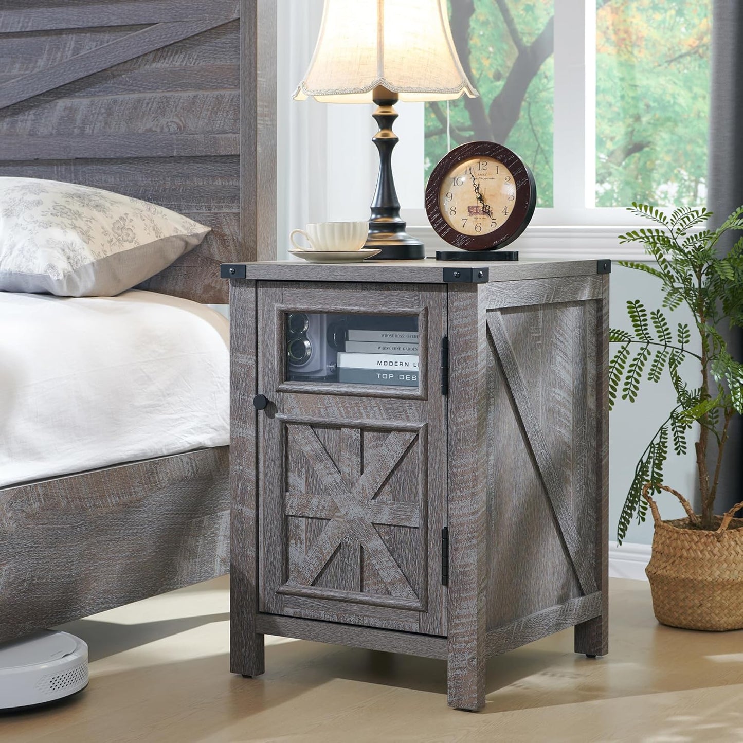 JXQTLINGMU Farmhouse End Table with Charging Station, 18'' Rustic Nightstand with Barn Door & Adjustable Shelf, Wooden Sofa Side Table with 3-Tier Storage for Living Room, Bedroom, Gray