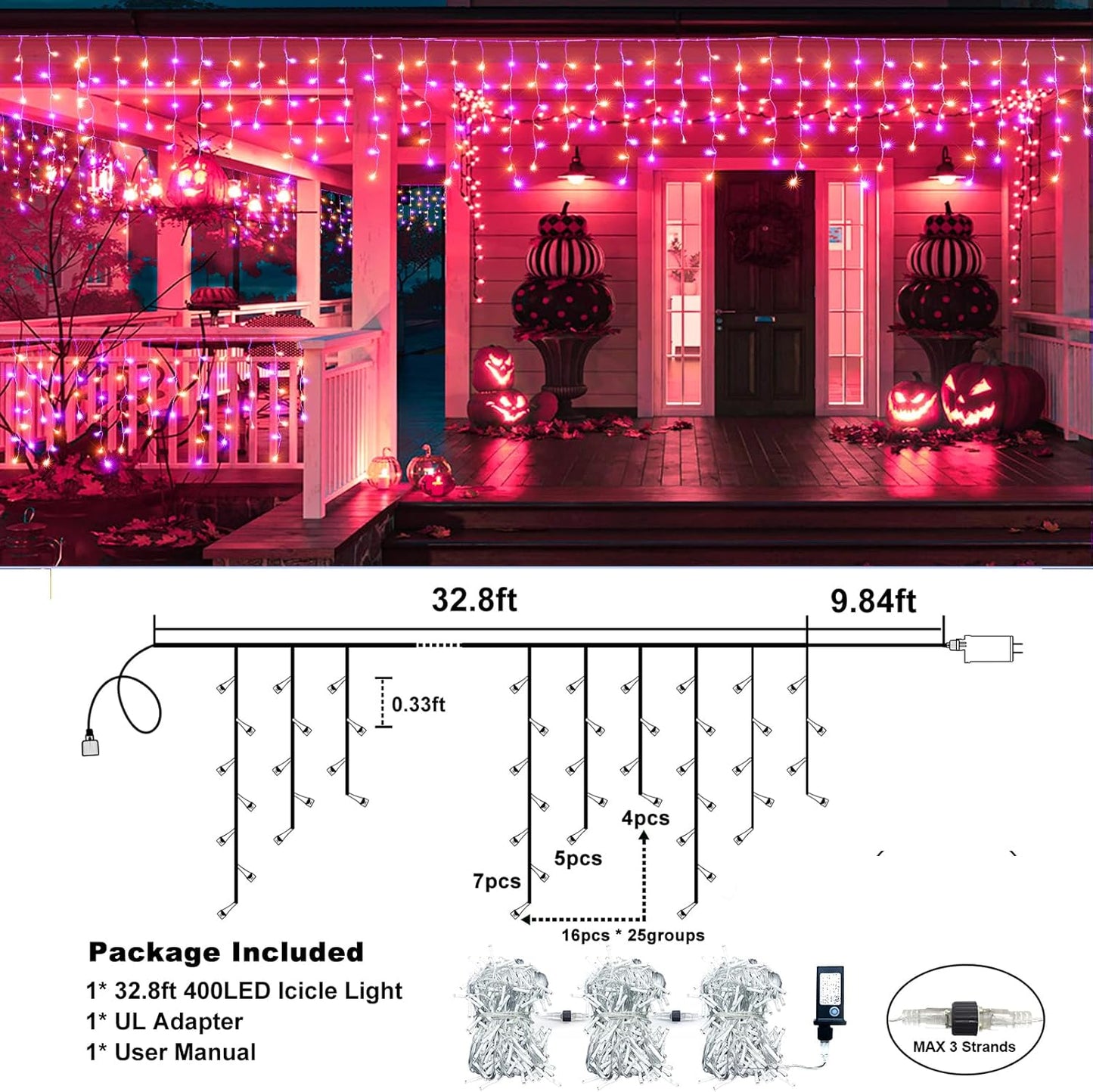 Orange and Purple Halloween Lights Outdoor, 33FT 400 LED Icicle Lights for Outside with Waterproof 8 Modes, Plug in Timer String Twinkle Light for Indoor House Yard Party Holiday Decorations