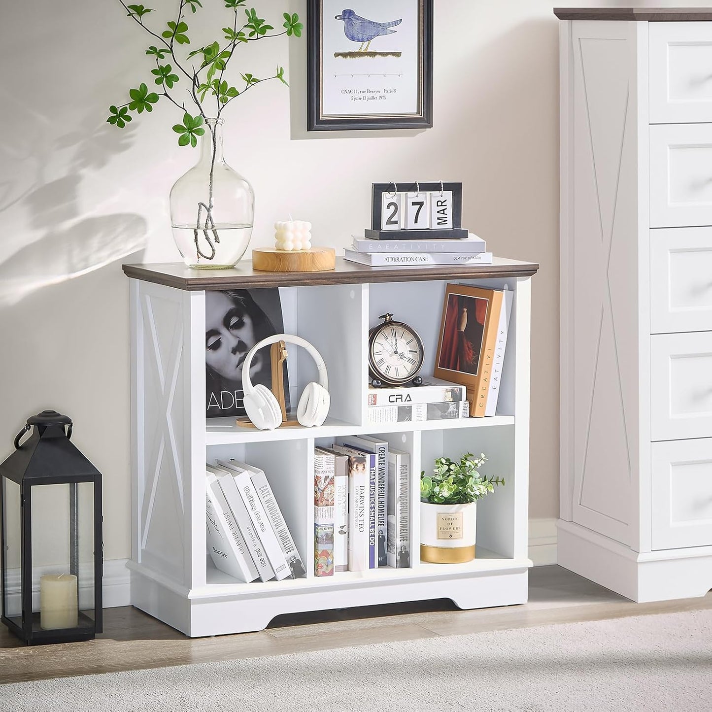 Farmhouse 5 Cube Bookshelf, White Storage Organizer Bookcase, Kids Toy Storage Cabinet, Small Bookshelves Storage Organizer Shelf, Wood Display Cabinet Book Shelves for Bedroom,Living Room,Office