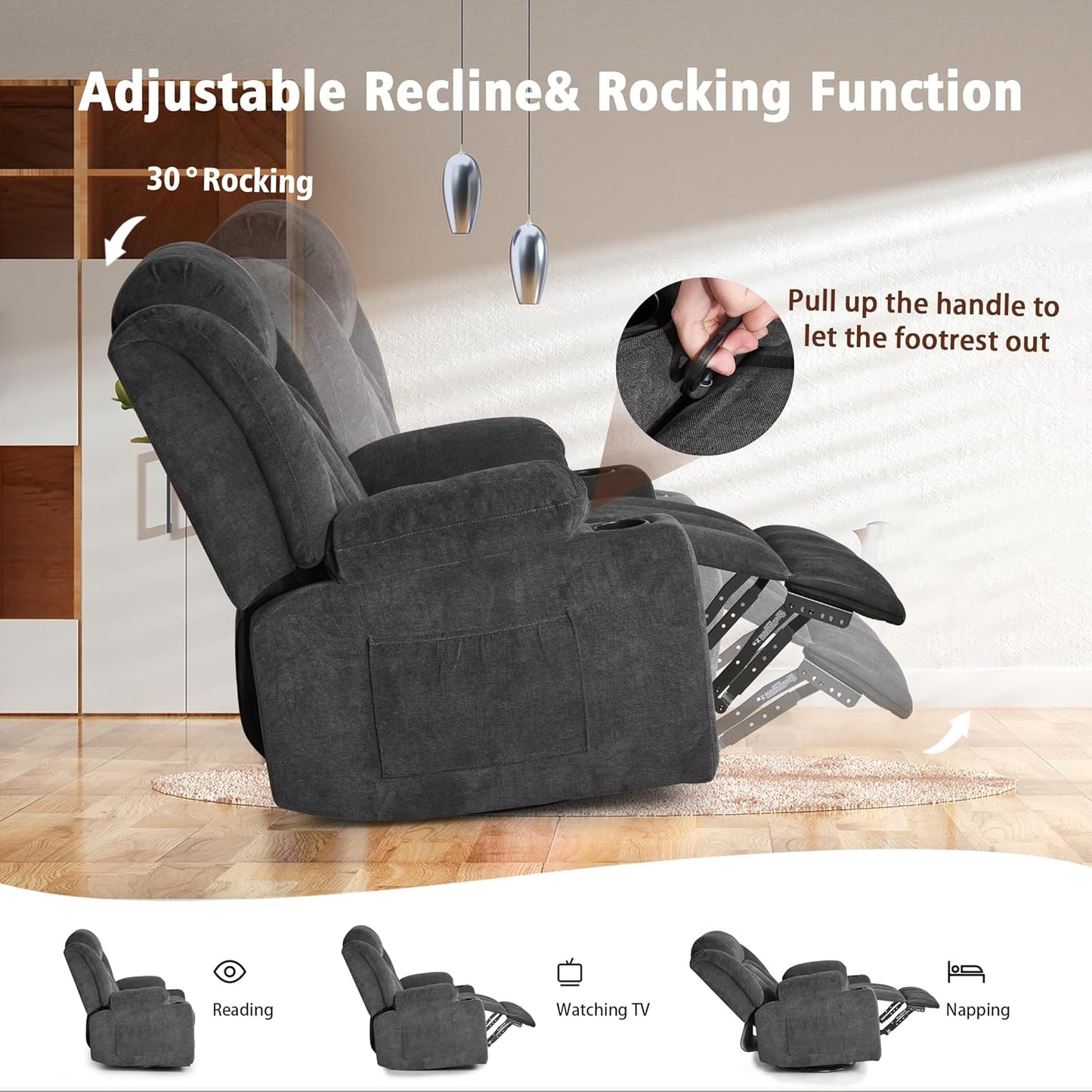 Rocker Swivel Recliner Chair for Adults, Overstuffed Large Manual Recliner Glider with Massage and Heat, Comfy Soft Fabric Living Room Reclining Sofa Chair (Black Fabric)