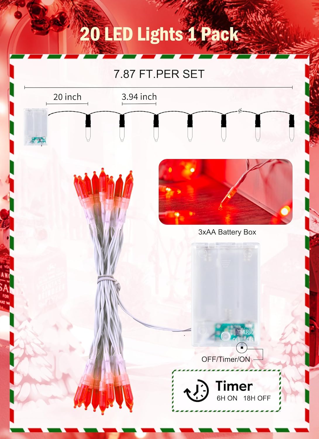 Battery Operated Christmas String Lights, 8ft 20 LED Mini Lights with Timer, Christmas Tree Lights for Indoor Outdoor Bedroom Wedding Party Holiday Xmas Decoration，Red