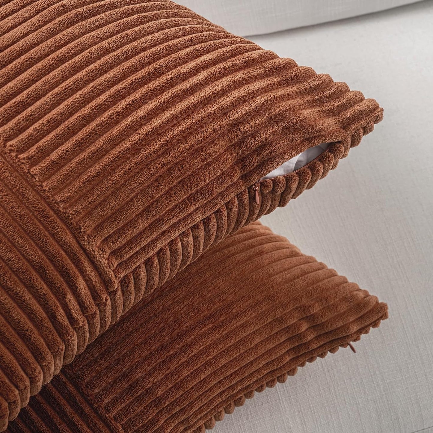 Fancy Homi 2 Packs Rust Lumbar Decorative Throw Pillow Covers 16x32 Inch for Couch Bed Sofa, Rustic Farmhouse Boho Home Decor, Soft Striped Corduroy Rectangle Accent Terracotta Cushion Case 40x80 cm