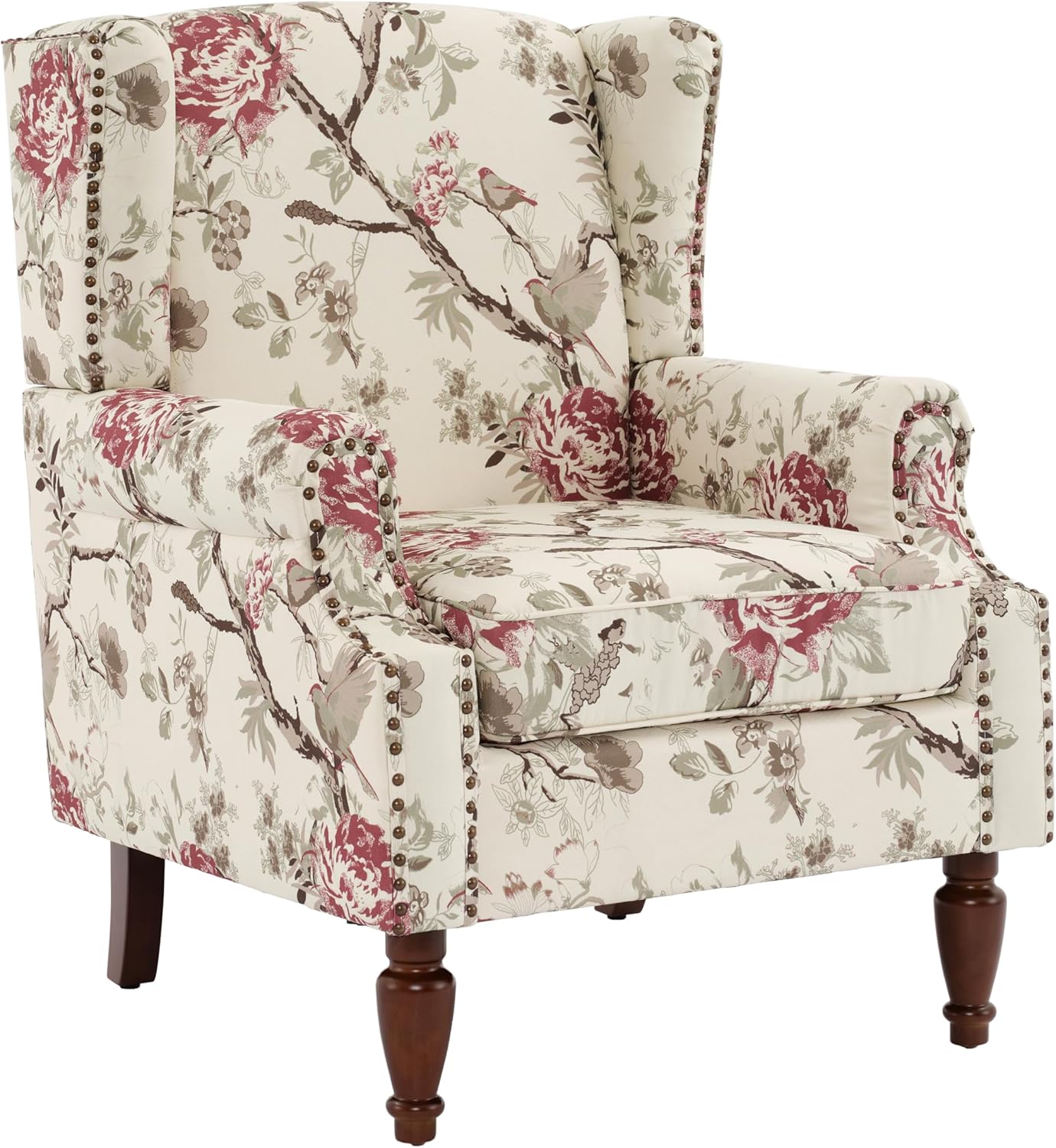 UIXE High Back Floral Accent Chairs Set of 2, Fabric Upholstered Armchair for Living Room, Retro Wingback Arm Chair with Solid Wood Leg, Nailhead Trim Single Sofa Bedroom Reading Seat - Beige