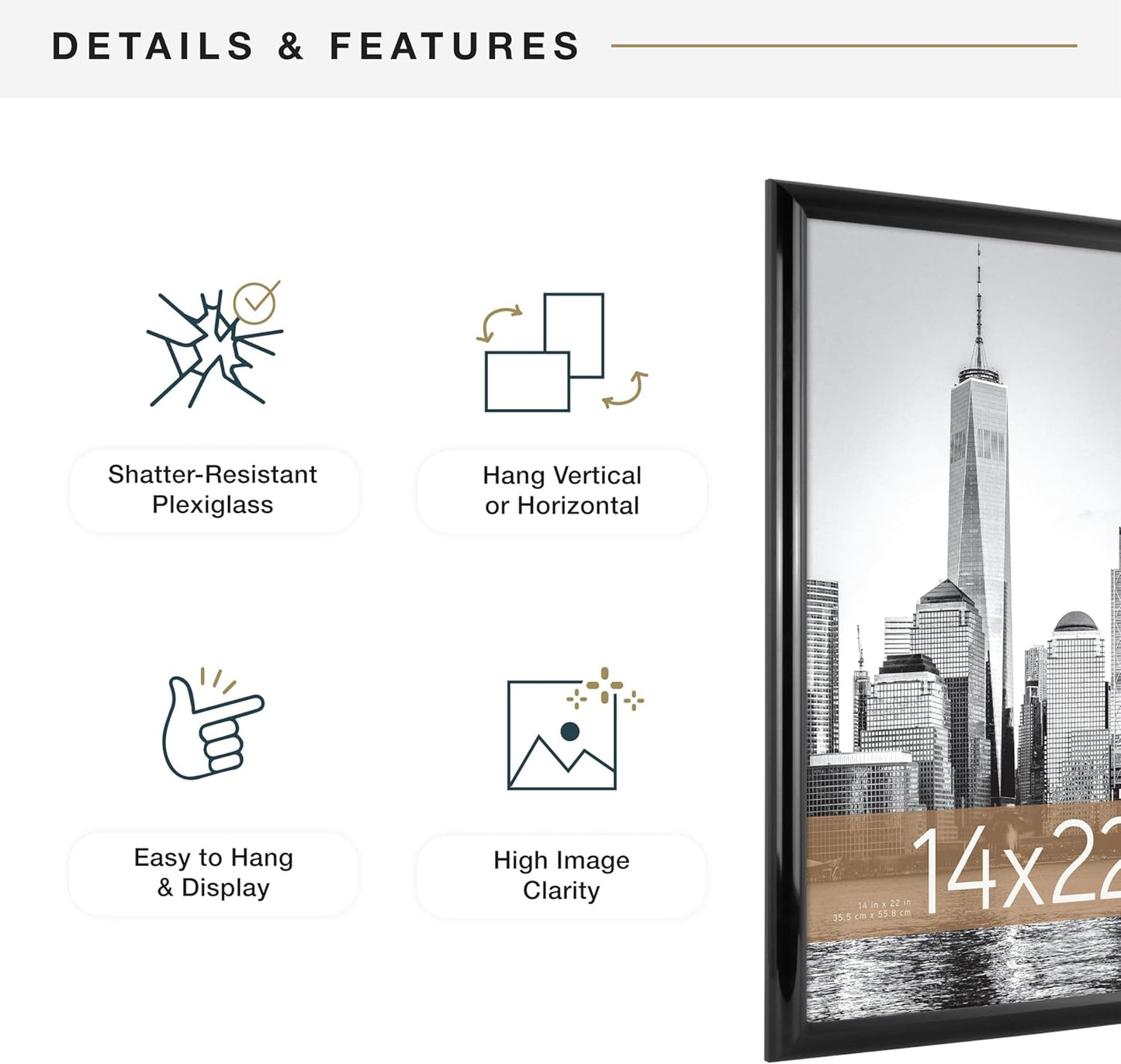 MCS Trendsetter 14x22 Poster Frame Black High-Gloss, Vertical & Horizontal Wall Hanging Large Picture Frame for Photos, Posters & Art Prints (2-Pack)