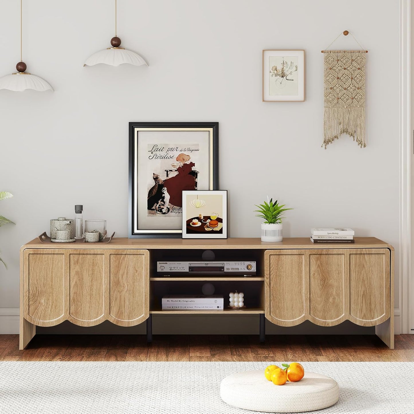 ORRD 63'' TV Stand, Modern TV Console Table Wave Panel Television Stands Entertainment Media Center with Storage Compartment and Sliding Door for Living Room (Natural)