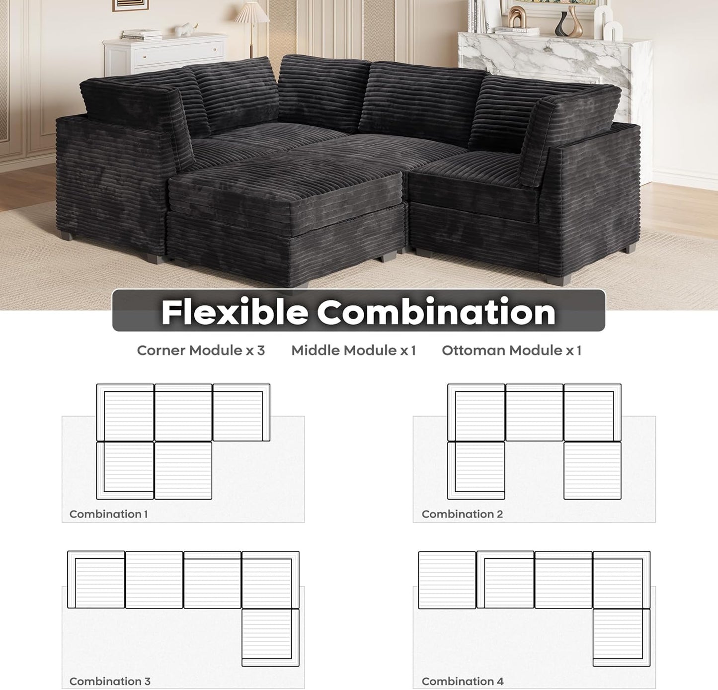 ovios Sectional Sofa Couch with L-Shape Chaise Sofa Bed, Comfy Modular Cloud Couches with Deep Seat, Modern Upholstered Plush Corduroy Sofas Set for Living Room, 5-Seater, Black