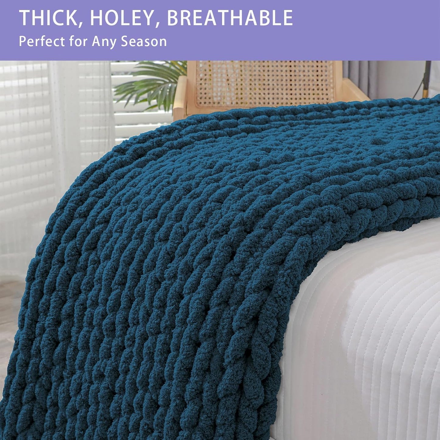 Bigacogo Chunky Knit Throw Blanket for Couch, 40x80 inches, 100% Hand Knitted with Thick Jumbo Chenille Yarn, Cozy Soft Large Rope Knot Cable Crochet Blankets for Sofa Bed Living Room, Deep Sea Blue