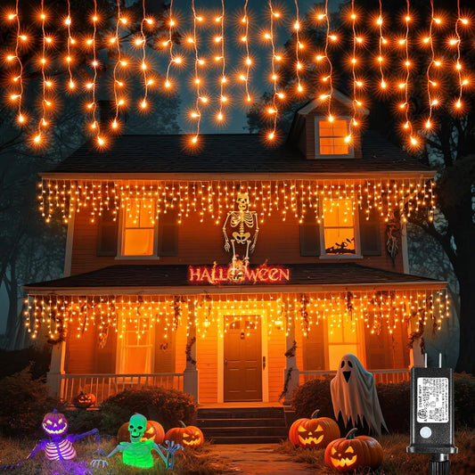 Orange Halloween Lights Outdoor, 66FT 640 LED Icicle Lights for Outside with 8 Modes Timers, Waterproof Plug in Twinkle String Light for House Yard Eave Patio Party Holiday Decorations
