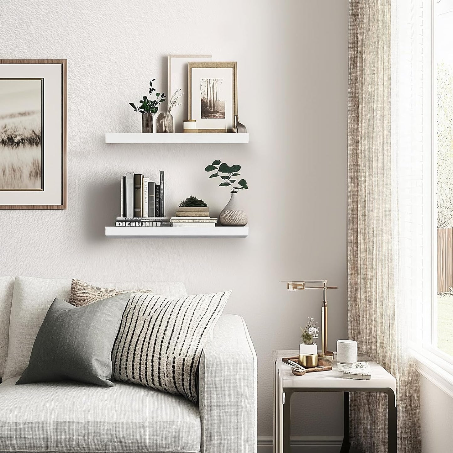 Floating Wall Shelves - 16"x6.8"x1.2" Sturdy Rustic White Solid Wood Shelves for Storage and Décor, Easy Installation for Living Room, Bedroom, and Kitchen - 2 Pack