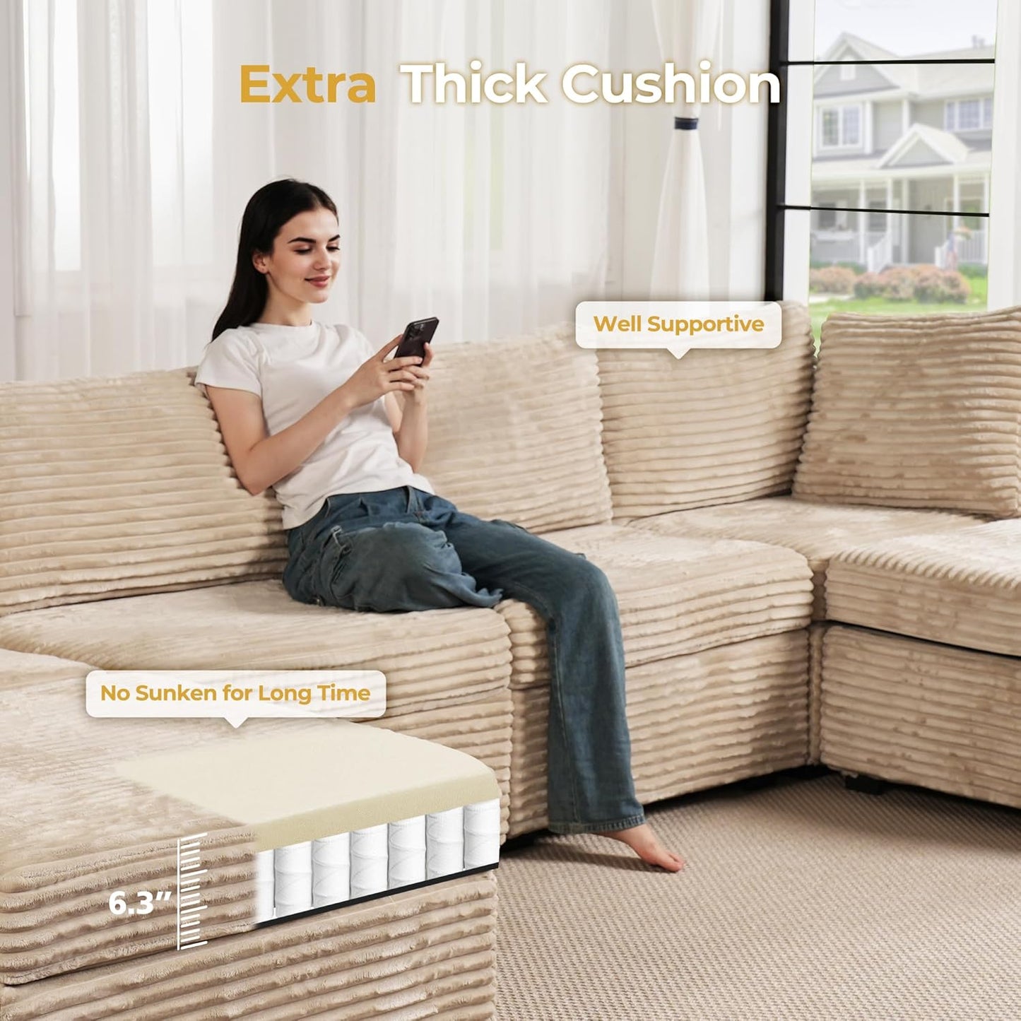HOOOWOOO Modular Sectional Sofa,8 Pieces Sectional Couches for Living Room,164X66 L Shaped Cloud Couch with Ottoman Chaise Set(Beige Velvet Corduroy)