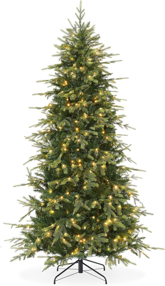 Casafield 7.5FT Pre-Lit Slim Green Aspen Fir Artificial Holiday Christmas Tree with White & Multicolored LED Lights, Realistic Noble Fir with Metal Stand