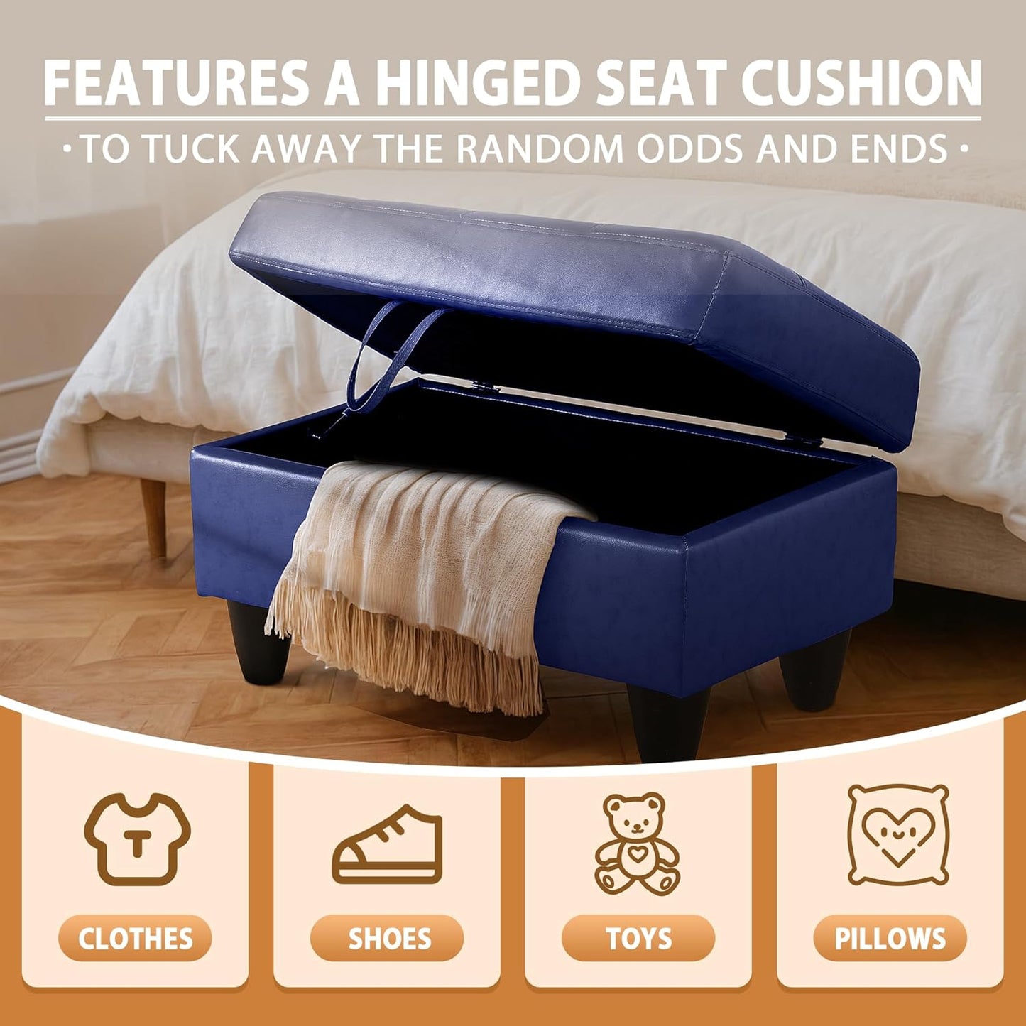 Ottoman Rectangular Storage Ottoman Bench, Faux Leather Footrest, Coffee Table, Stool Footstool with Hinged Lid for Living Room, Bedroom, Entryway, Blue, 35"x23.5"x17.5"