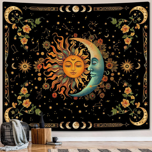 ARTCREATOR Sun and Moon Tapestry Astrology Space Wall Hanging Boho Hippie Floral Plant Tapestries Aesthetic Vintage Mandala Flower Decor for Living Room Bedroom (51" x 59")
