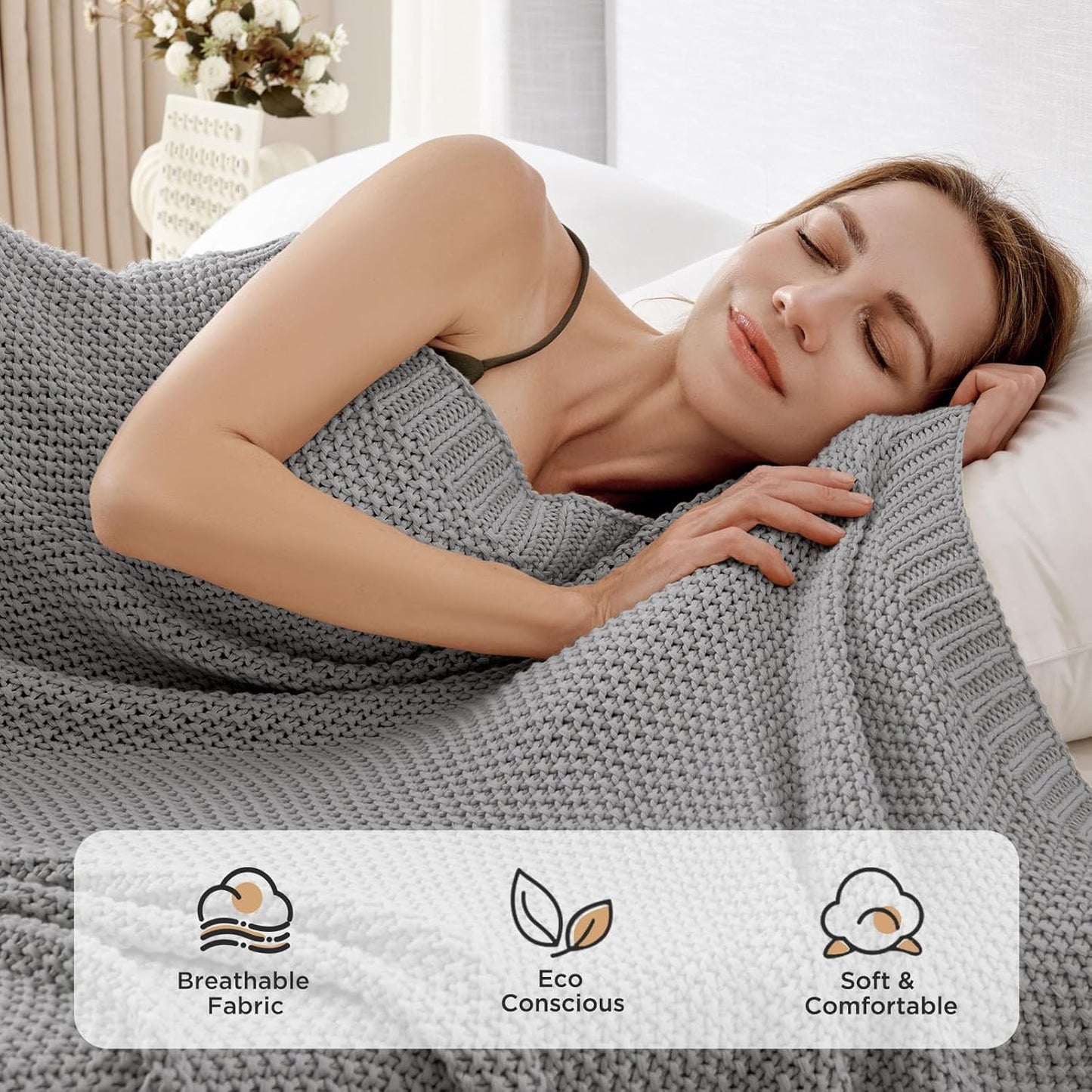 Joydeco Chunky Cable Knit Throw Blanket, Lightweight 100% Cotton Soft Cozy Throw Twin Blanket for Couch Bed and Sofa, Rustic Breathable Farmhouse Blanket Gift for Women Men(Grey, 51"x63")