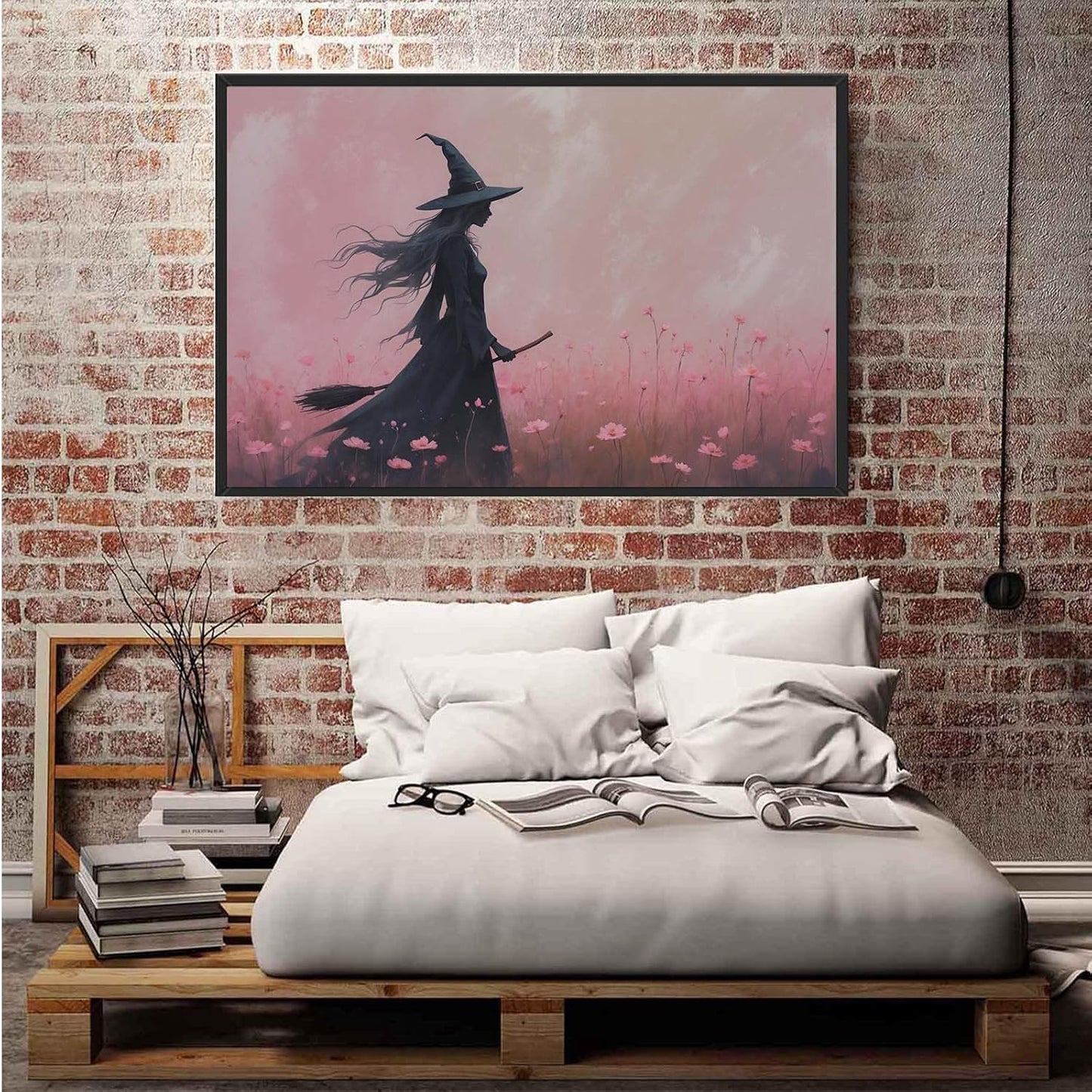 JFHCQJPK Witch in the pink sea of flowers Halloween prints weird flowers wall art silhouette painting fashionable romantic decoration suitable for bedroom8x12in Metal blackFramed
