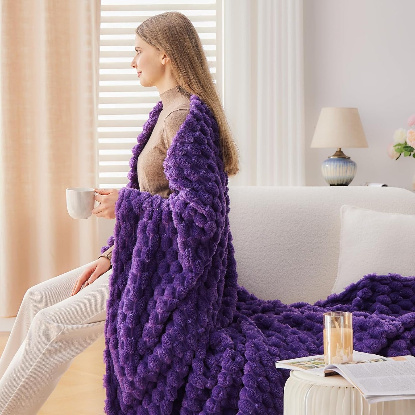 NEWCOSPLAY Super Soft Throw Blanket Purple Premium Silky Flannel Fleece 3D Clouds Stylish Jacquard Lightweight Bed Blanket All Season Use 350GSM (Purple, Throw(50"x60"))