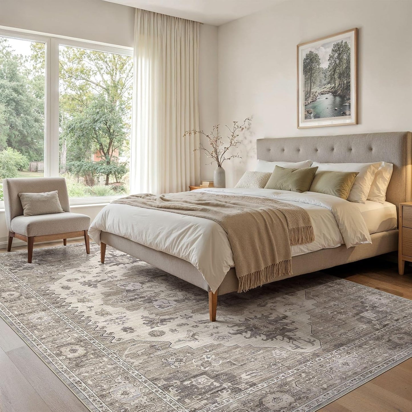 Washable Area Rugs for Living Room - 7x9 Neutral Vintage Distressed Floral Farmhouse Boho Large Soft Floor Rug Indoor Non Slip Carpet for Living Room Bedroom Dining Room Office -Brown/Beige