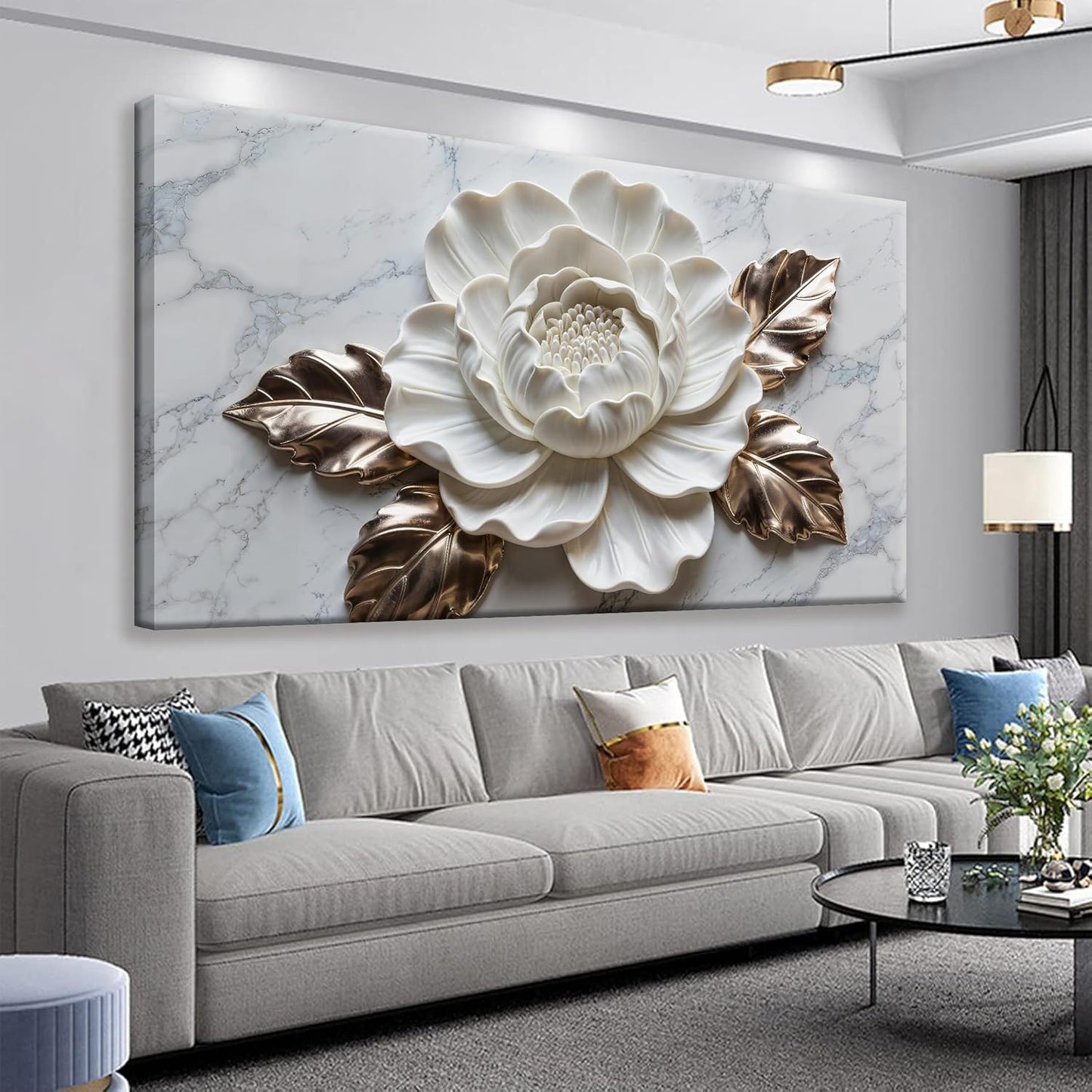 Wall Art Living Room Marble Texture Wall Art Modern White Flower Canvas Art Wall Decor Home Wall Decor Suitable Pictures For Bedroom Apartment Office Can Be Hung 24" × 48"