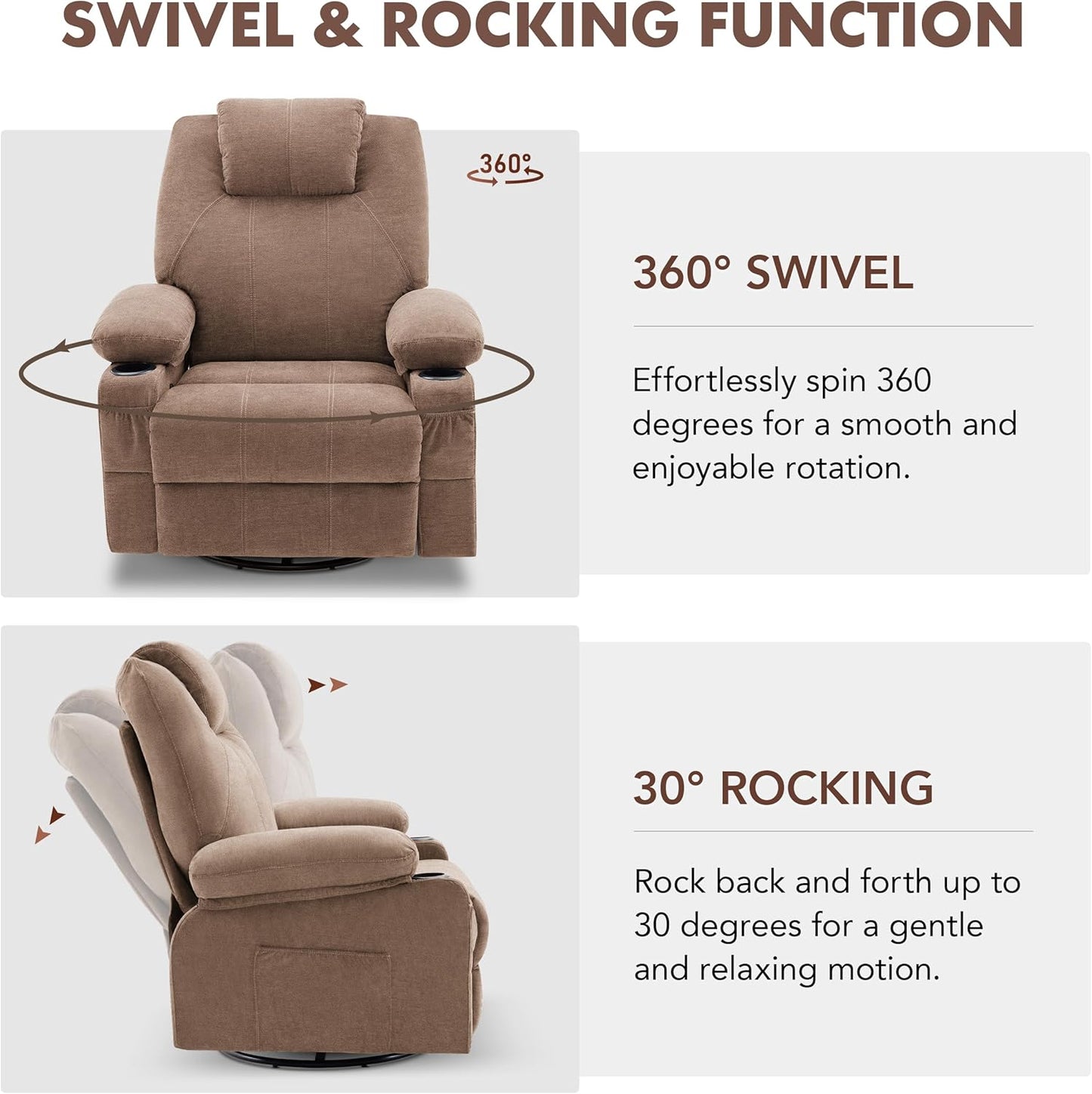 Swivel Rocker Recliner Chair with Heat and Massage, 360 Degree Swivel Rocking Single Sofa with Cup Holders and USB Port, Big Oversized Recliner Chair for Living Room (Fabric, Brown)
