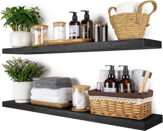BGMG Wood Floating Shelves 36 inch Long,Wide Rustic Wooden Wall Shelves for Bathroom Living Room Bedroom Kitchen Farmhouse Set of 2-36x6.7x1.25 inch-Black