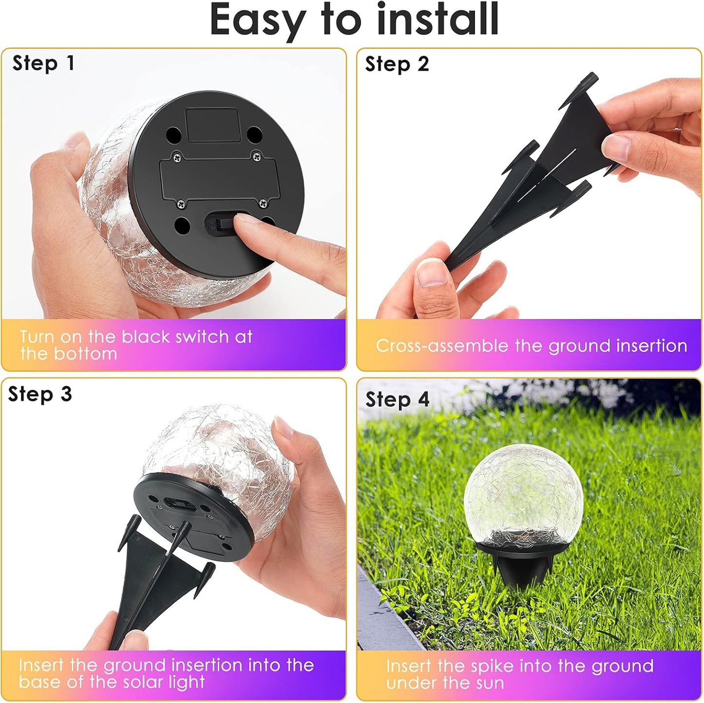 Solar Garden Lights, 2 Pack 80 LED Multicolor Cracked Glass Solar Outdoor Lights Decorative, Upgraded Waterproof Ball Light for Yard Pathway Patio Lawn Christmas Outside Decor, 5.9"