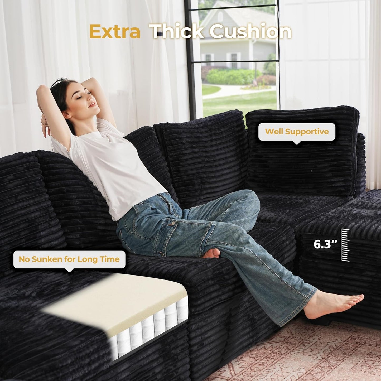 HOOOWOOO Modular Sectional Sofa,5 Pieces Sectional Couches for Living Room,98X66 L Shaped Cloud Couch with Ottoman Chaise Set(Black Velvet Corduroy)