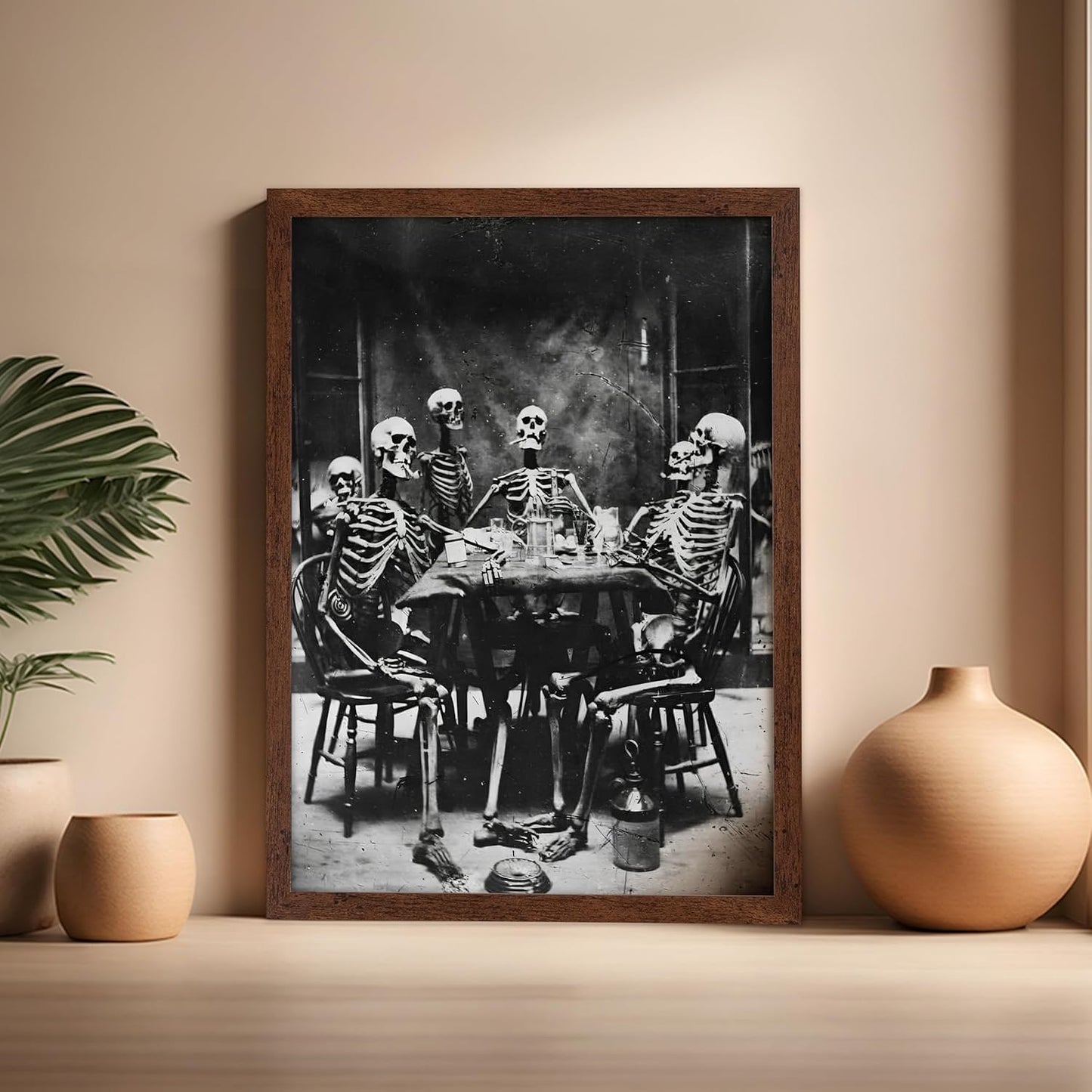 Poster Master Vintage Photograph Poster - Retro Daguerreotype Print - Gift for Artist, Friend - Skeletons Smoking at Table, Dinner Party, Goth - Wall Decor for Home, Dorm, 16x20 Brown Framed