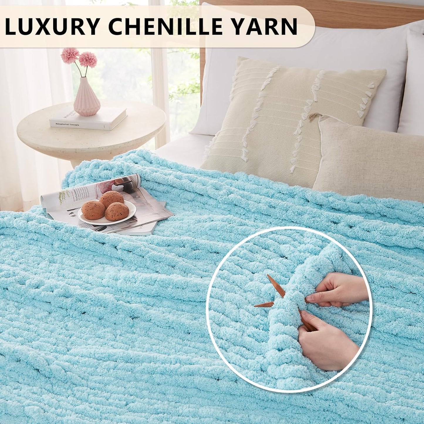 L'AGRATY Chunky Knit Blanket Throw: 72''x84'' Chenille Thick Big Cable Knit Blanket - Handmade - Light Blue