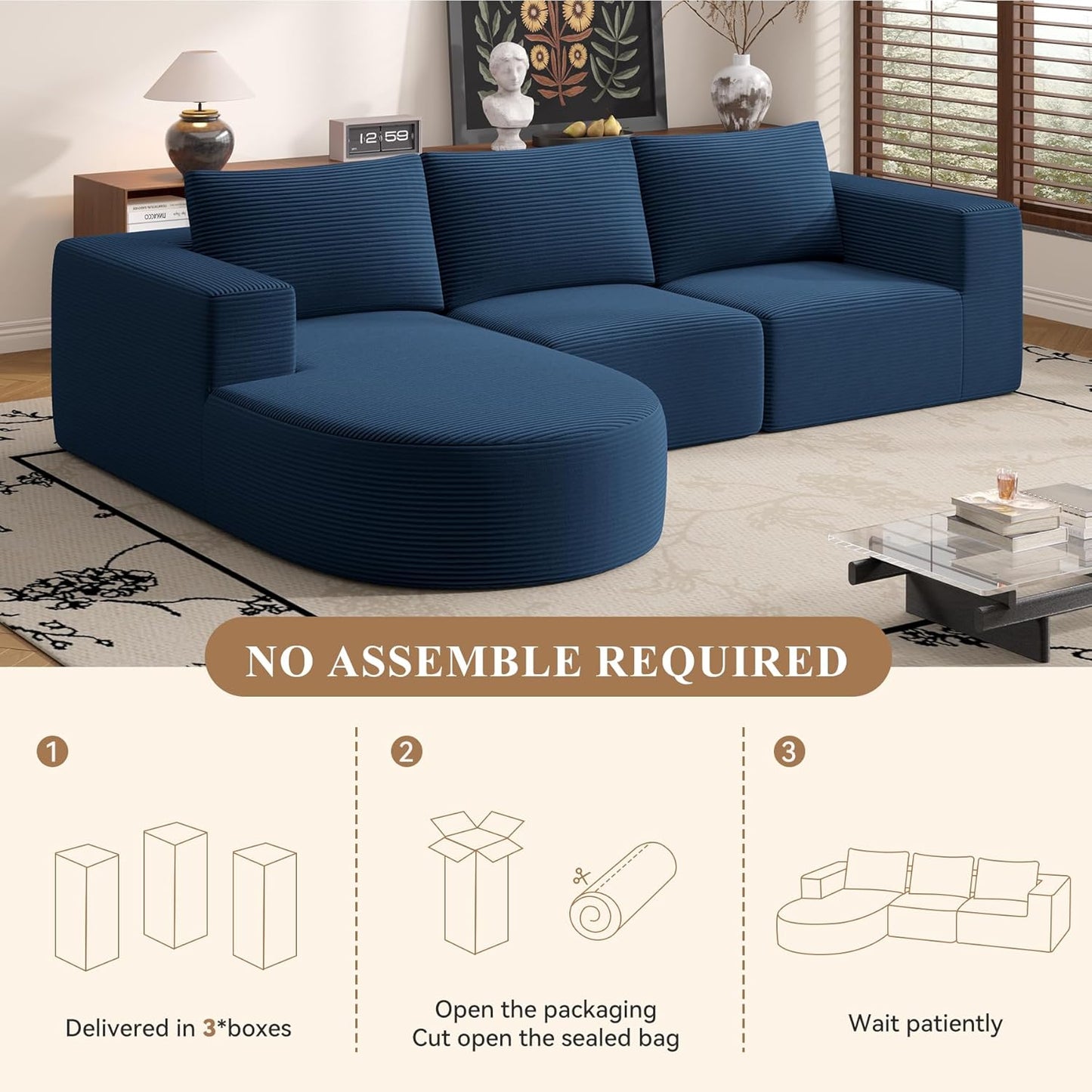 Modular Sectional Sofa with L-Shape Chaise,Cloud Sectional Modern Sleeper Couch with Deep Seat,Sponge Compression Sofas No Assembly Required (Blue-Corduroy Fabric) 1PCS