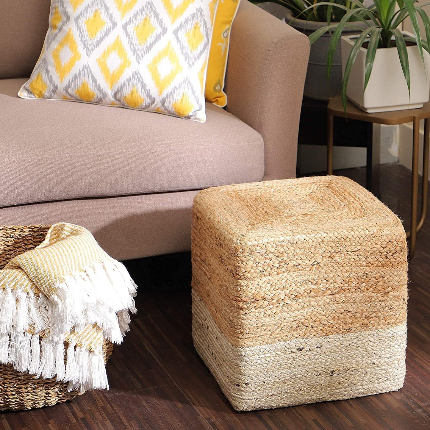 REDEARTH · Cube Pouf Ottoman - Braided Pouffe Accent Sitting Square Footrest for Living Room, Bedroom, Nursery, kidsroom, Patio, Gym; 100% Jute Set of 2 (14.5"x14.5"x16"; Natural Ivory)
