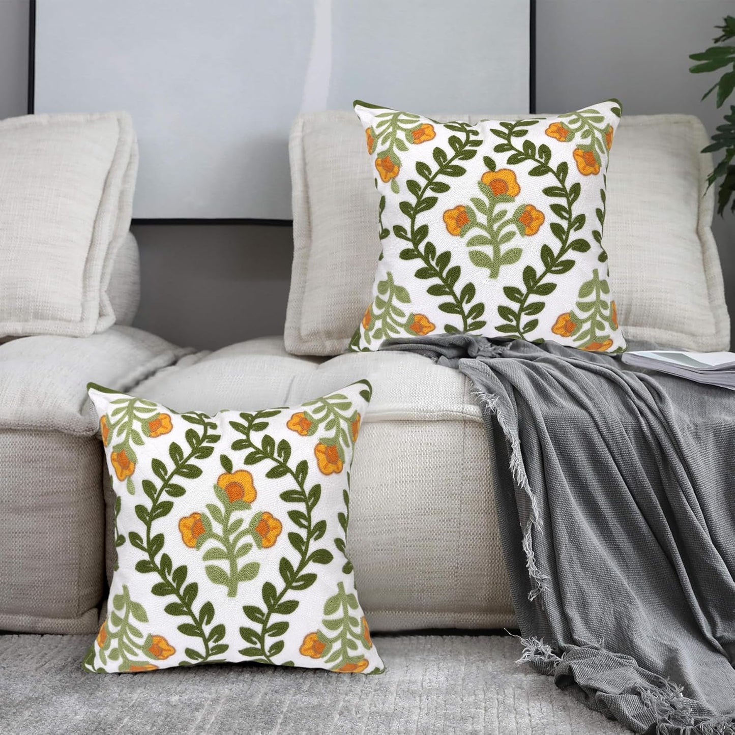 Alysheer Floral Embroidered Summer Decorative Throw Pillow Covers 18"x 18" Set of 2, Farmhouse Cottage Orange Flowers Green Leaves Knit Patterned Cotton Canvas Cushion Case for Couch Bed Living Room
