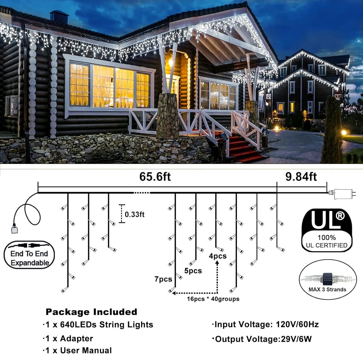 Icicle Christmas Lights Outdoor, 66FT 640 LED Icicle Lights for Outside, Waterproof & 8 Modes & Timer Function, Plug in Curtain String Light for Indoor Patio Garden Party Wedding Decorations, White