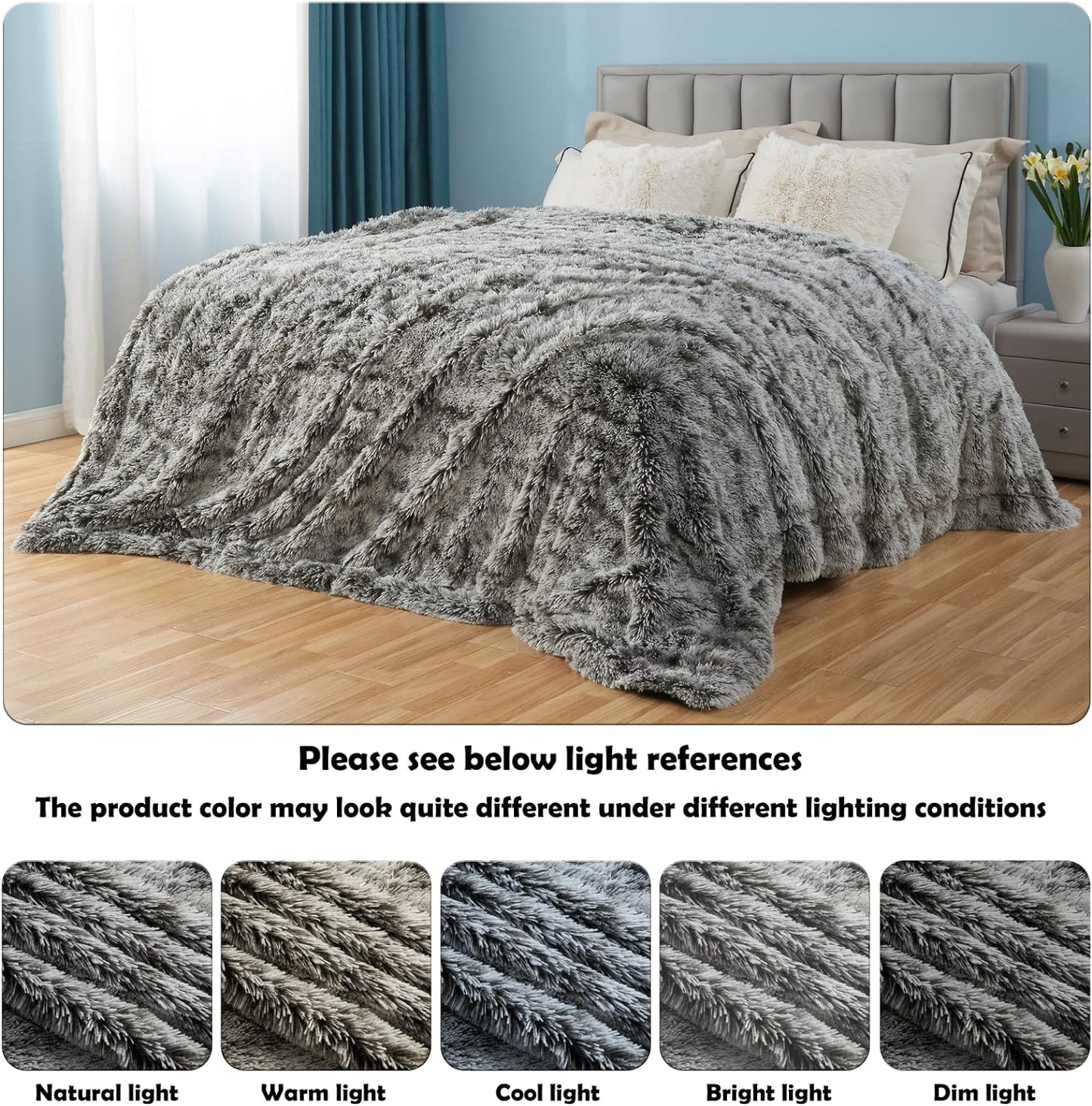 GONAAP Fuzzy Faux Fur Throw Blanket Queen Size Frosty Black Super Soft Cozy Plush Fuzzy Shaggy Blanket for Couch Sofa Bed (Frosty Black, Queen(90"x90"))