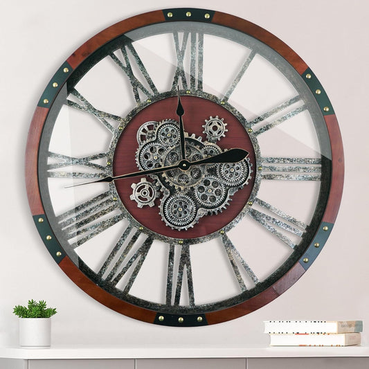30Inchs Moving Gears Wall Clock, Oversized Wall Clocks, Clock Living Room Decor, Solid Wood Frame, Battery Operated, Large Wall Clock with Steampunk Industrial for Fireplace(Black Walnut)
