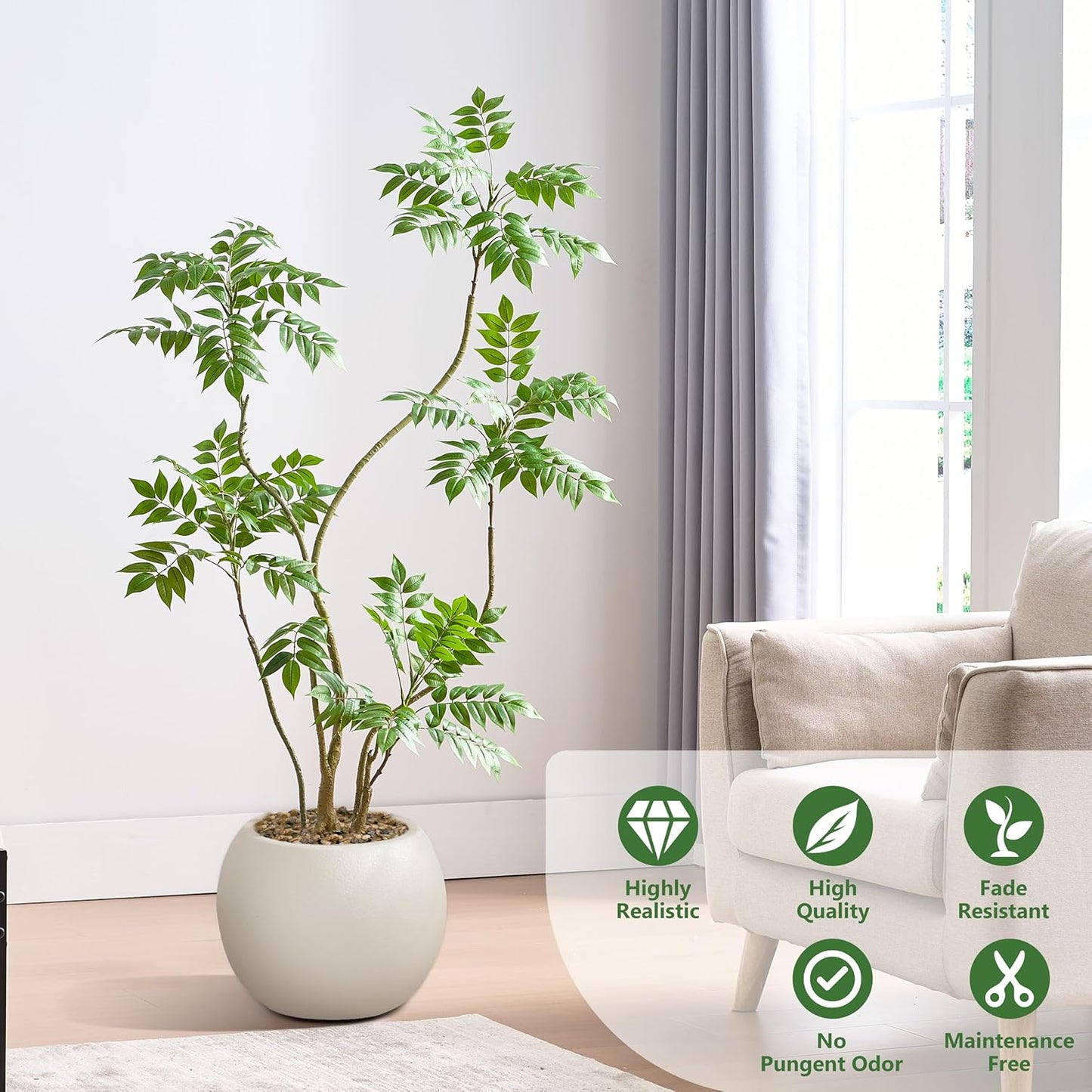 Artificial Mahonia Fortunei Tree 5FT,Tall Fake Plant Artificial Sumac Tree, Faux Plants Indoor Fake Plants Decor with Pots for Home Office Bathroom Bedroom Living Room Decorations Housewarming