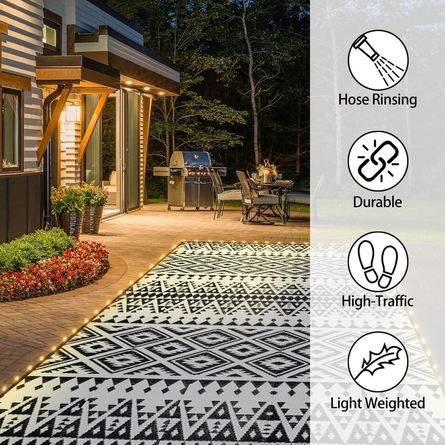 Outdoor Rug Mat with Led Strip Lights for Patio, 8x10ft Waterproof Reversible Plastic Straw Rugs, Camping Carpet Area Mats for RV, Porch, Deck, Backyard, Balcony, Camper, Black & White